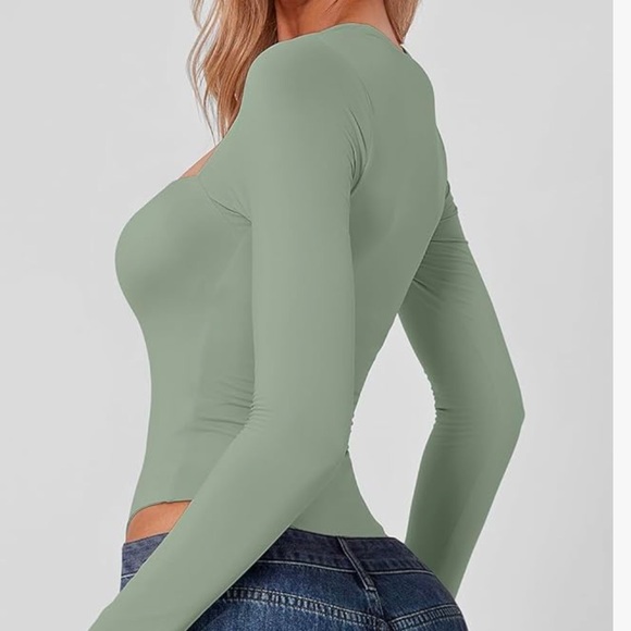 Qinsen Square Neck Long Sleeve Bodysuit | Smoke Green | NWOT - Picture 2 of 7
